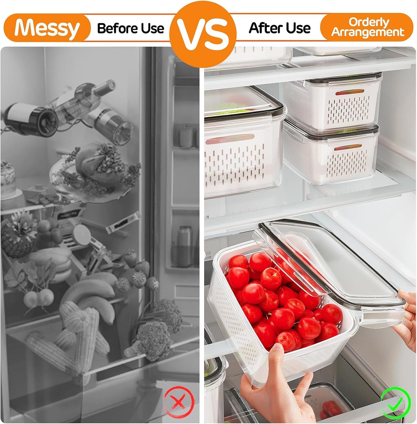 5 Pack Fridge Organizers and Storage - Stackable Fruit Storage Containers for Fridge with Removable Colander, BPA-Free Food Storage Container for Salad Berry Lettuce Vegetables Meat Keeper Fresh