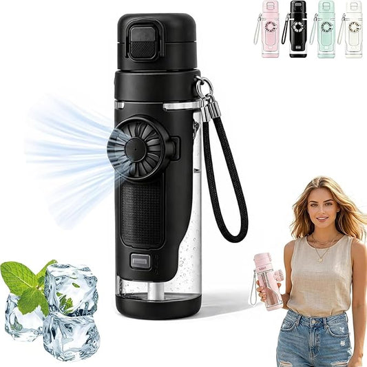 2-in-1 Water Bottle with Built-In Foldable Fan, Portable Dual-Drinking Cooling Fan Water Bottle, Hidden Fold-Out Fans, Sports Water Bottles for Office Travel Gym & Outdoor Sports