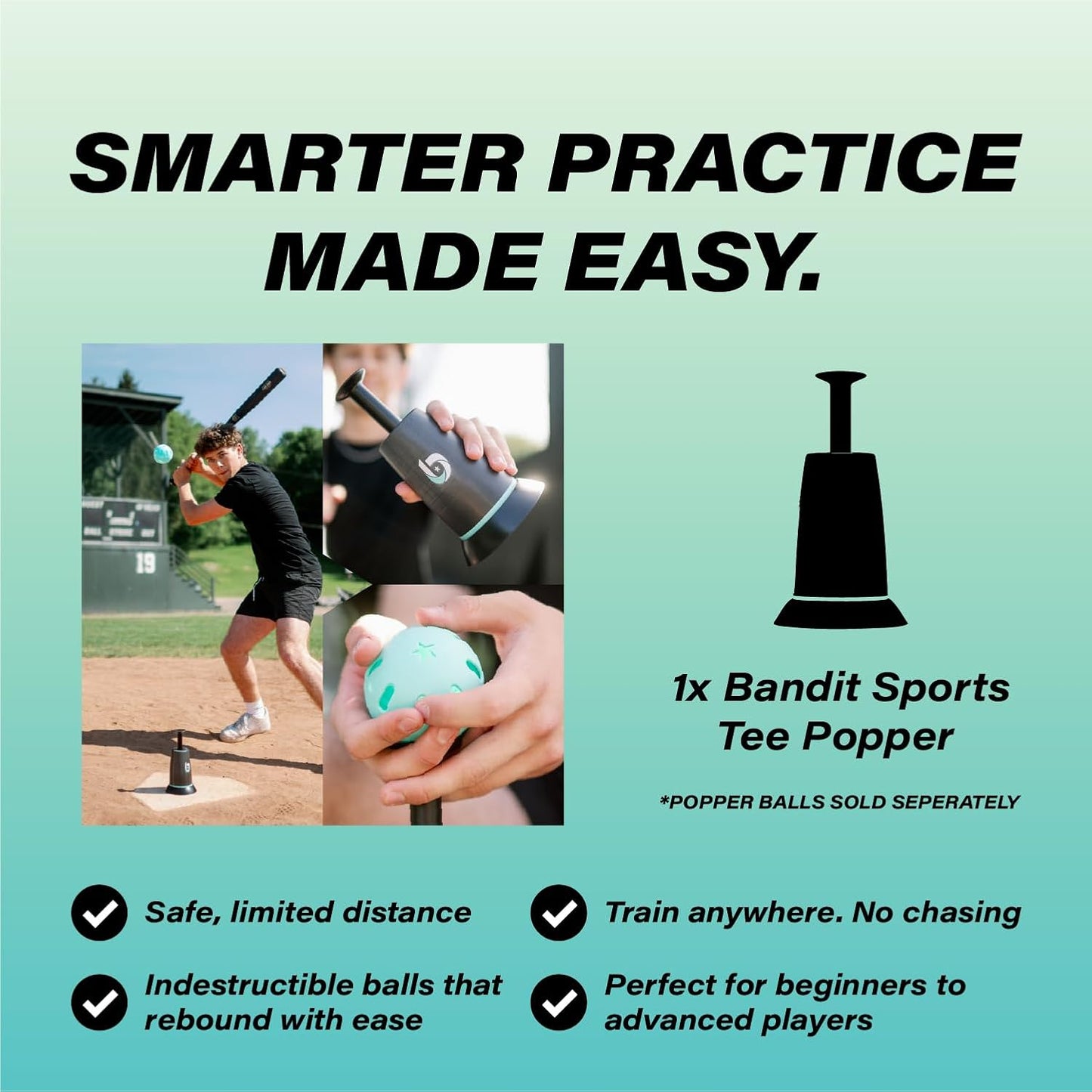 Bandit Sports Tee Popper, Durable Nylon Strength, Batting Tee for Perfect Swings, Baseball Training for Hitting Without a Pitcher 1 Popper Ball Included