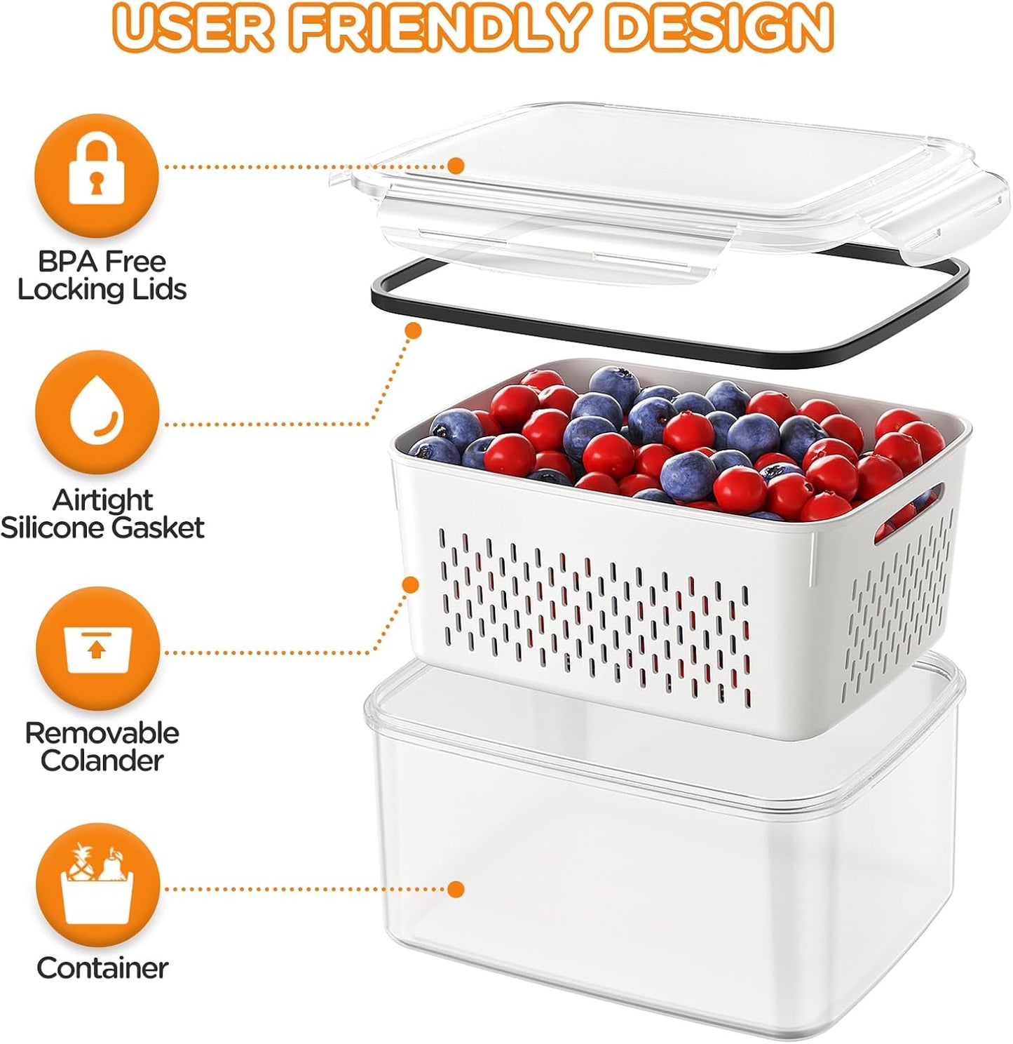 5 Pack Fridge Organizers and Storage - Stackable Fruit Storage Containers for Fridge with Removable Colander, BPA-Free Food Storage Container for Salad Berry Lettuce Vegetables Meat Keeper Fresh