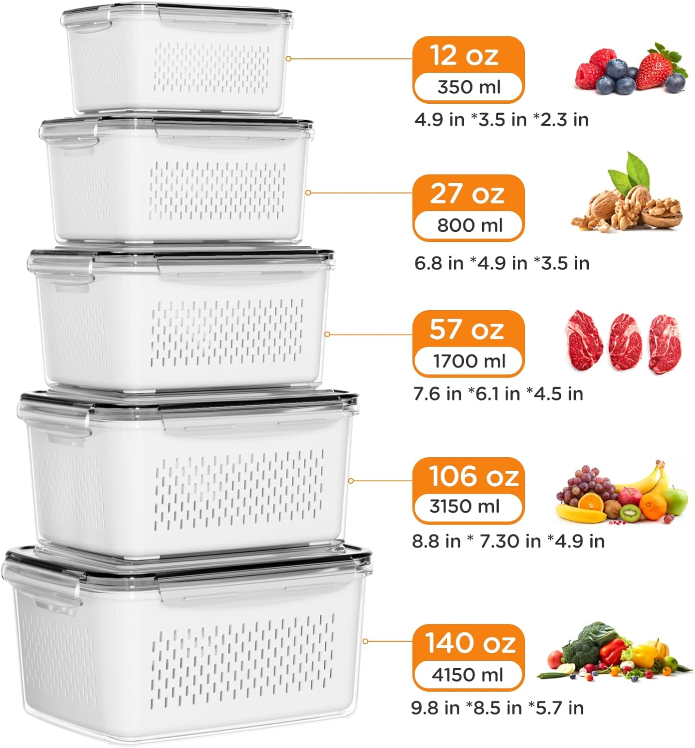 5 Pack Fridge Organizers and Storage - Stackable Fruit Storage Containers for Fridge with Removable Colander, BPA-Free Food Storage Container for Salad Berry Lettuce Vegetables Meat Keeper Fresh
