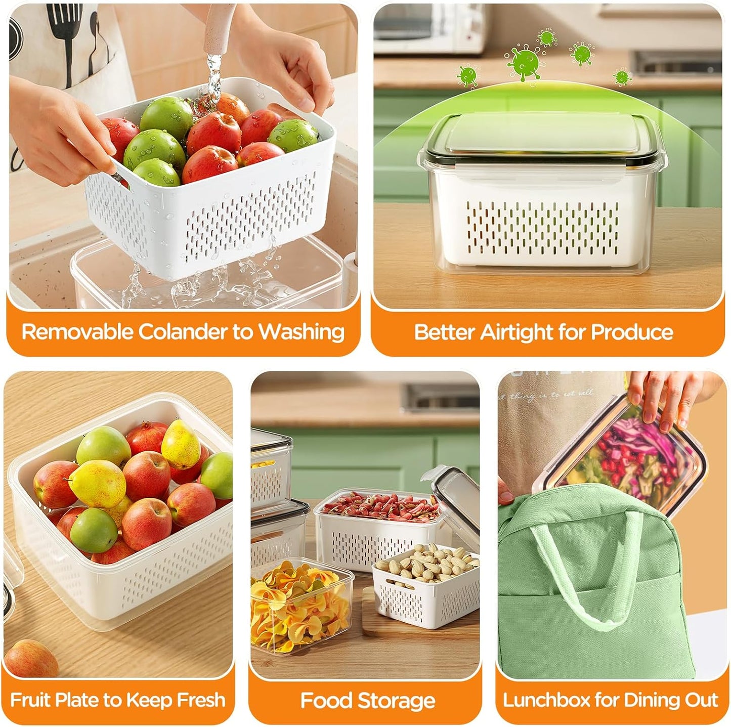 5 Pack Fridge Organizers and Storage - Stackable Fruit Storage Containers for Fridge with Removable Colander, BPA-Free Food Storage Container for Salad Berry Lettuce Vegetables Meat Keeper Fresh