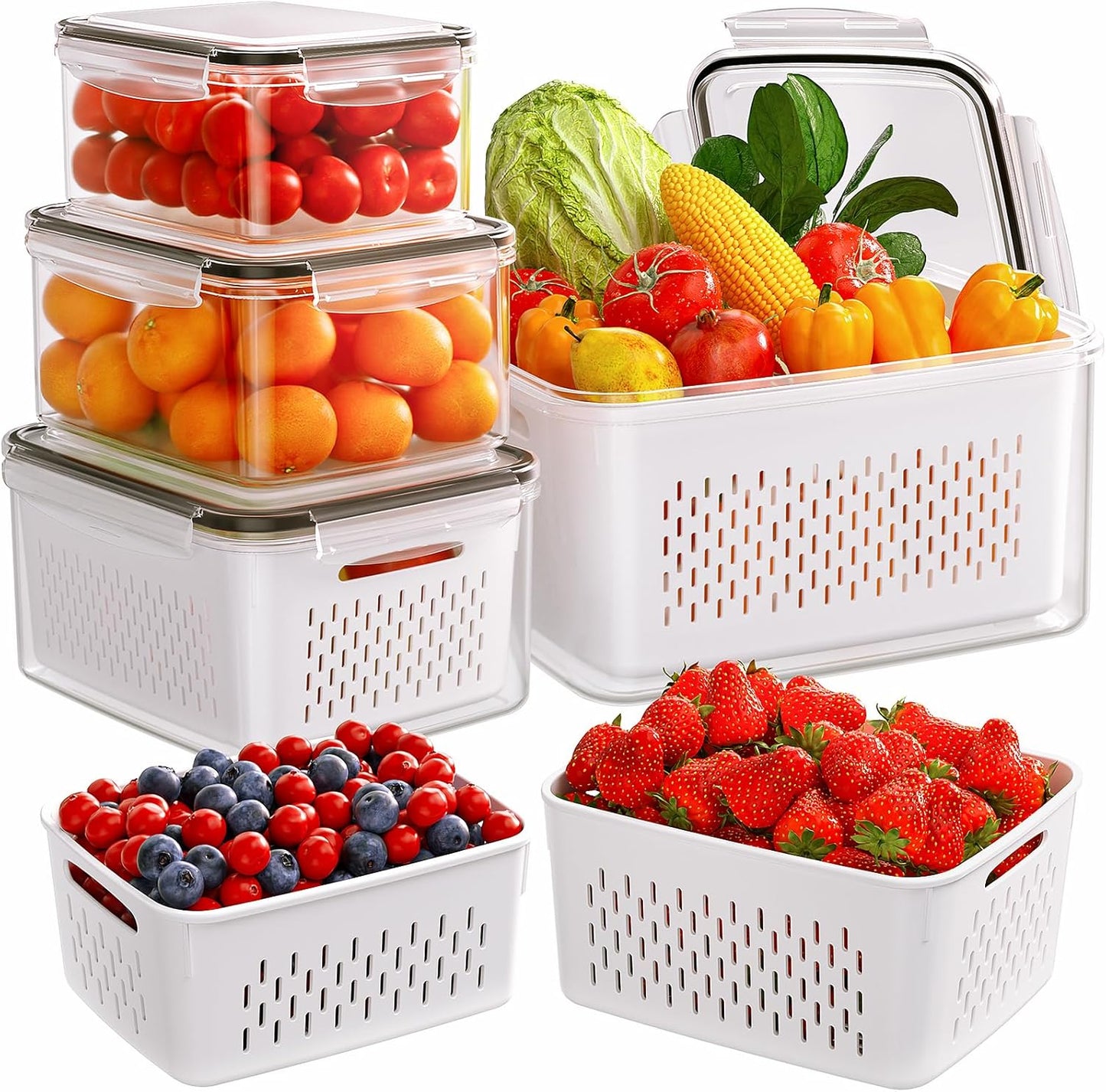 5 Pack Fridge Organizers and Storage - Stackable Fruit Storage Containers for Fridge with Removable Colander, BPA-Free Food Storage Container for Salad Berry Lettuce Vegetables Meat Keeper Fresh