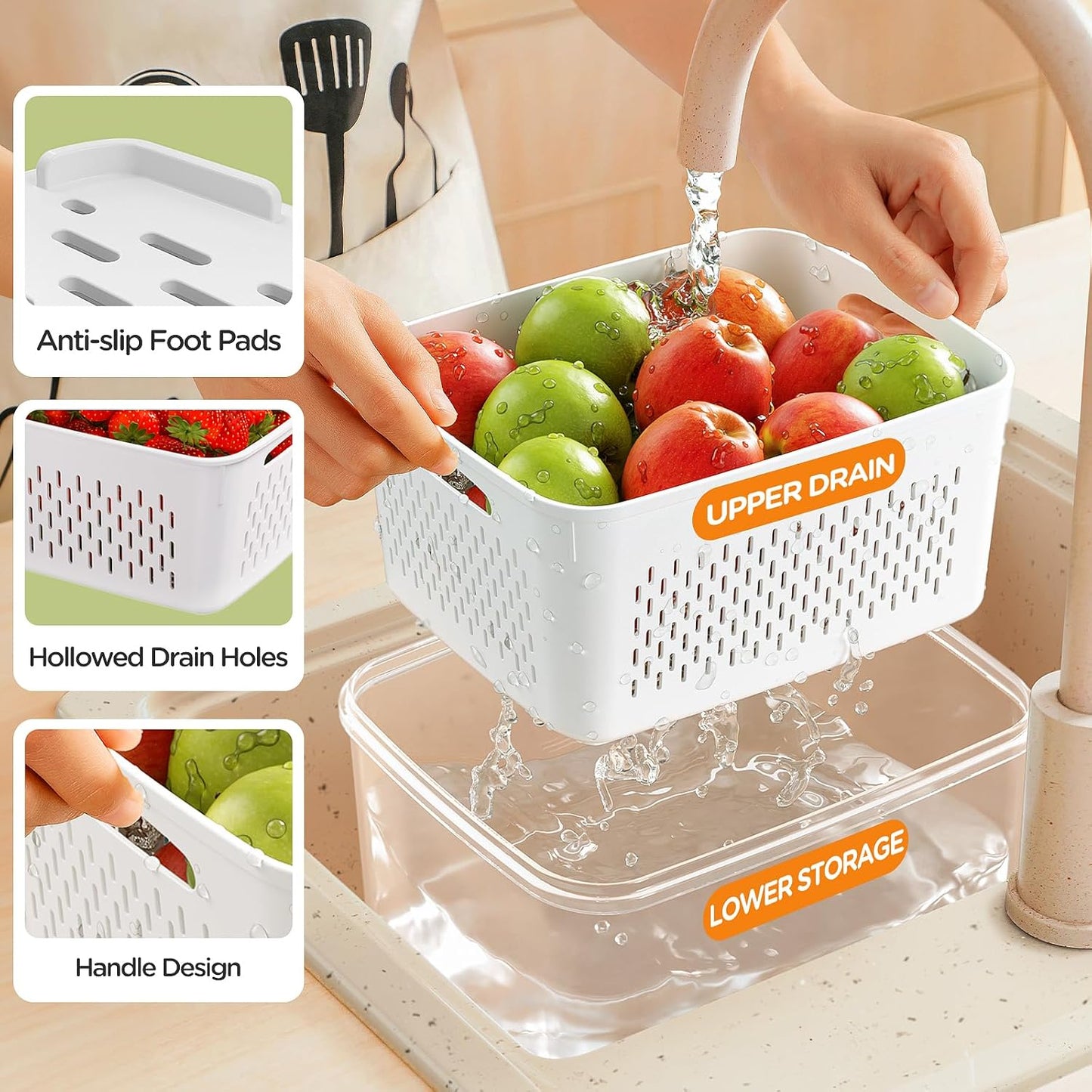 5 Pack Fridge Organizers and Storage - Stackable Fruit Storage Containers for Fridge with Removable Colander, BPA-Free Food Storage Container for Salad Berry Lettuce Vegetables Meat Keeper Fresh