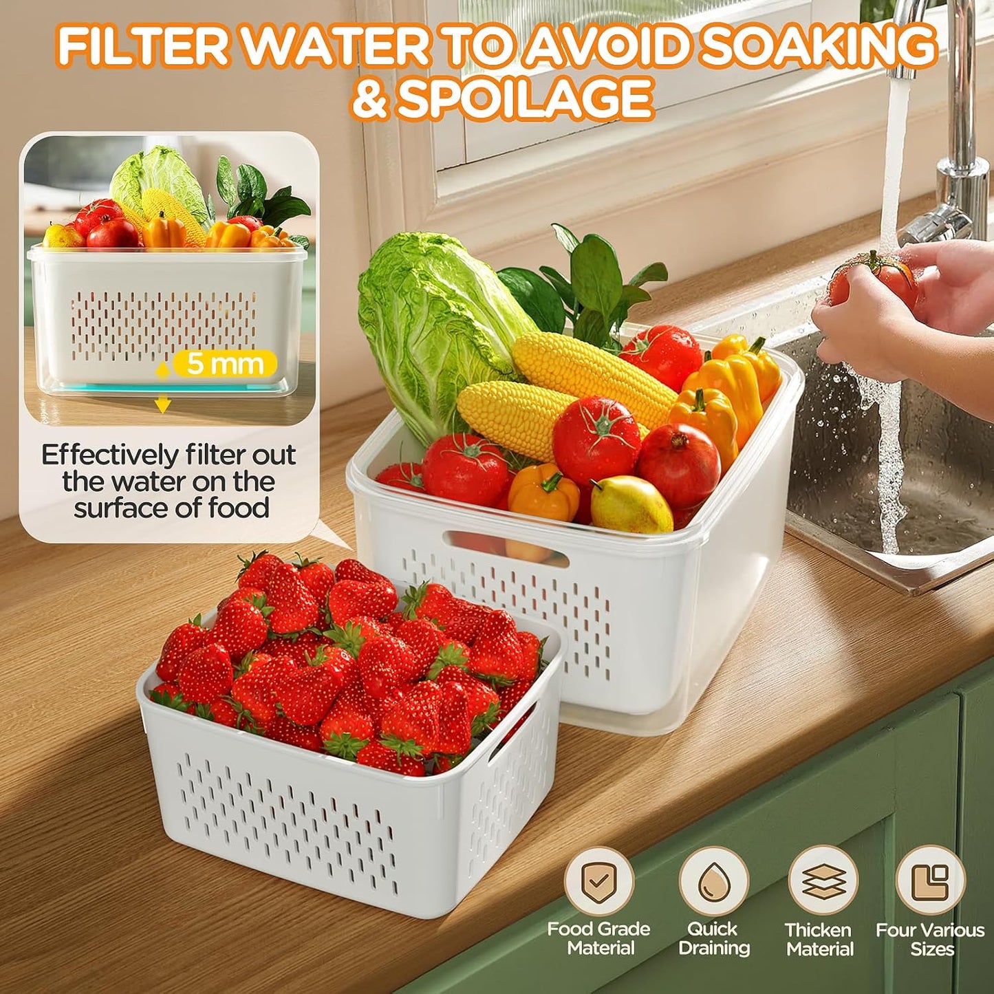 5 Pack Fridge Organizers and Storage - Stackable Fruit Storage Containers for Fridge with Removable Colander, BPA-Free Food Storage Container for Salad Berry Lettuce Vegetables Meat Keeper Fresh
