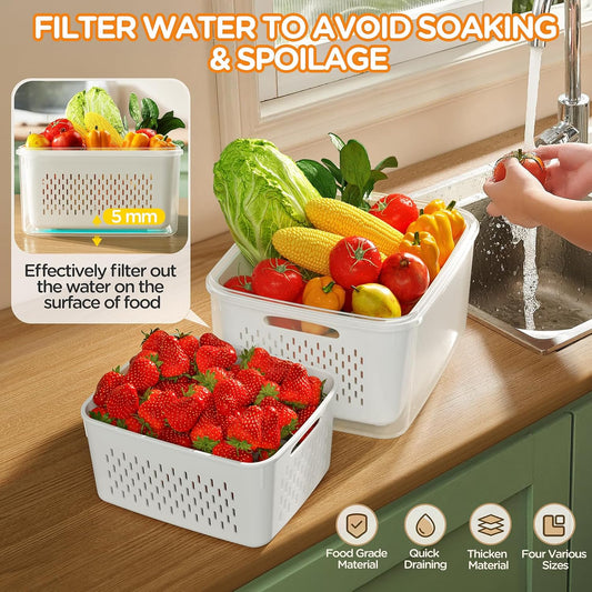 5 Pack Fridge Organizers and Storage - Stackable Fruit Storage Containers for Fridge with Removable Colander, BPA-Free Food Storage Container for Salad Berry Lettuce Vegetables Meat Keeper Fresh