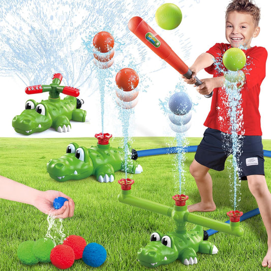 4-in-1 Kids' Water Play Toy Set: Water-Spraying T-Ball & Water Ball Game—Featuring an Alligator-Themed Sprinkler Batting Stand.