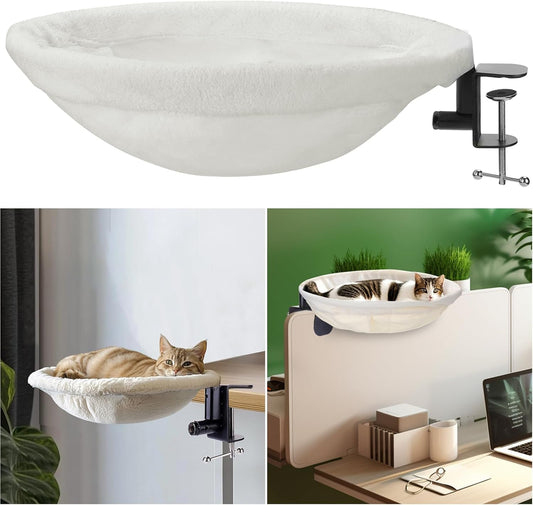 Cat Desk Bed - Comfortable Soft Round Desktop Perch for Cats up to 50 lbs, Table Mount Nest with Pet Mat, Office Work Hammock, Indoor