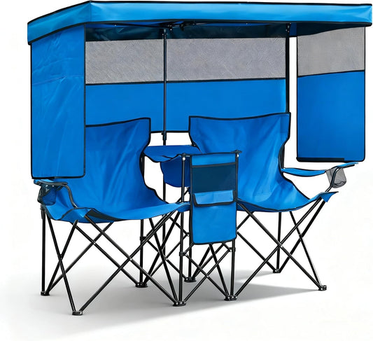 Double Beach Chair with Canopy Shade Oversized Camping Chairs with Cooler Bag&Cup Holders Folding Loveseat for Outside Lawn Camping