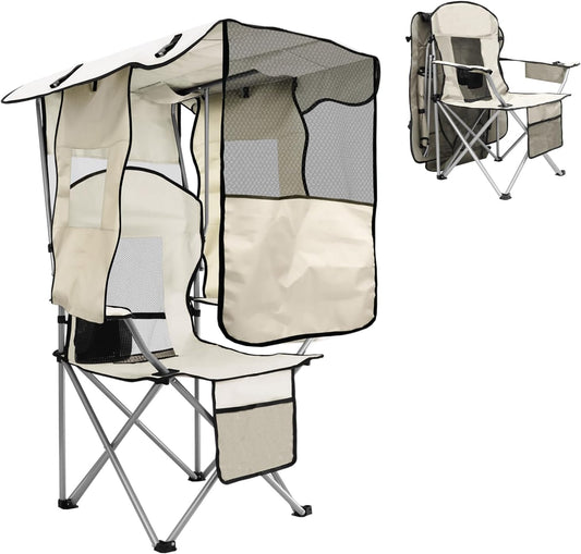 BDL Camping Chair with Canopy Shade Portable Folding Beach Chairs with Cooler, Mesh Backrest, Cup Holder, and Pocket for Camping, Fishing, Beach, and Sports,White