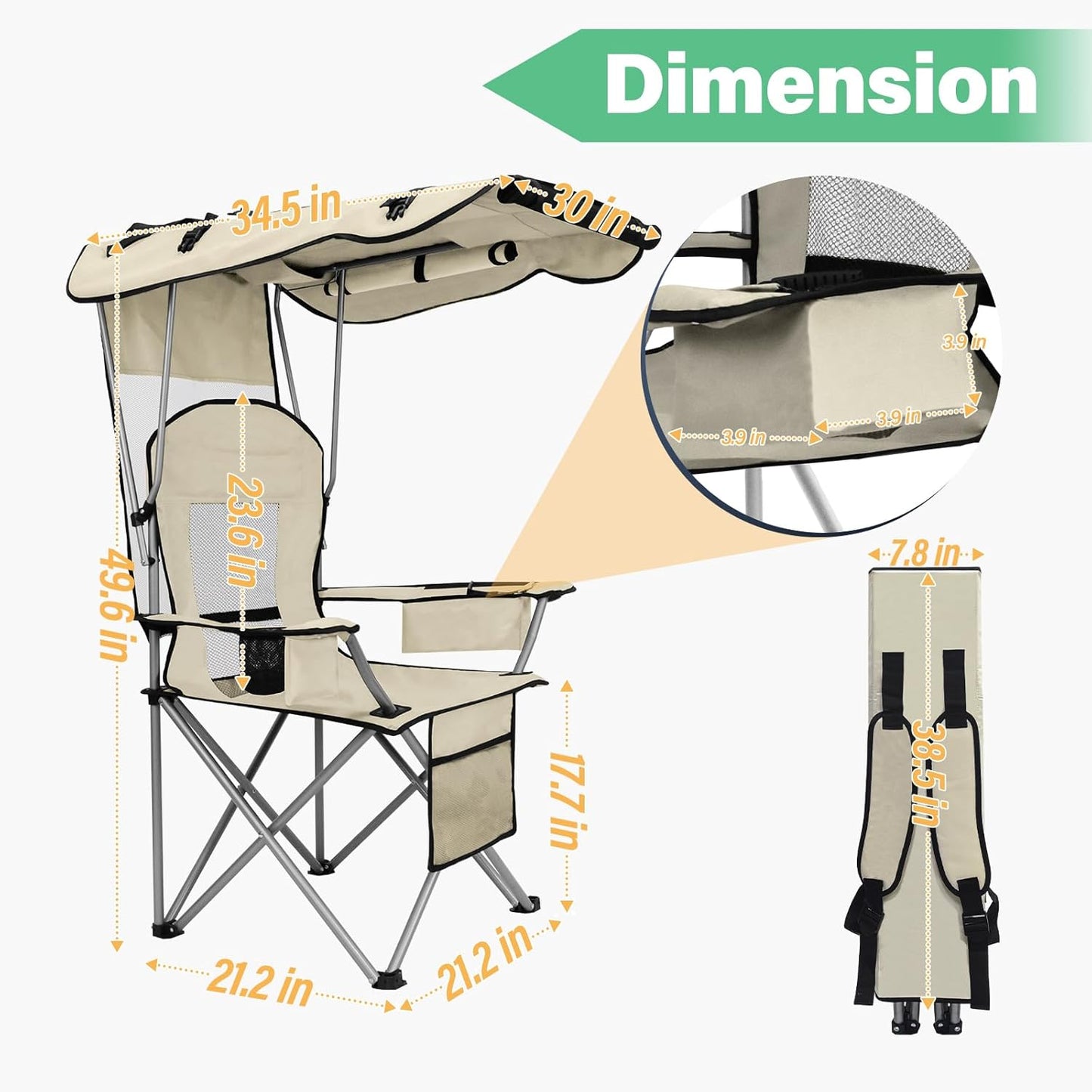 BDL Camping Chair with Canopy Shade Portable Folding Beach Chairs with Cooler, Mesh Backrest, Cup Holder, and Pocket for Camping, Fishing, Beach, and Sports,White