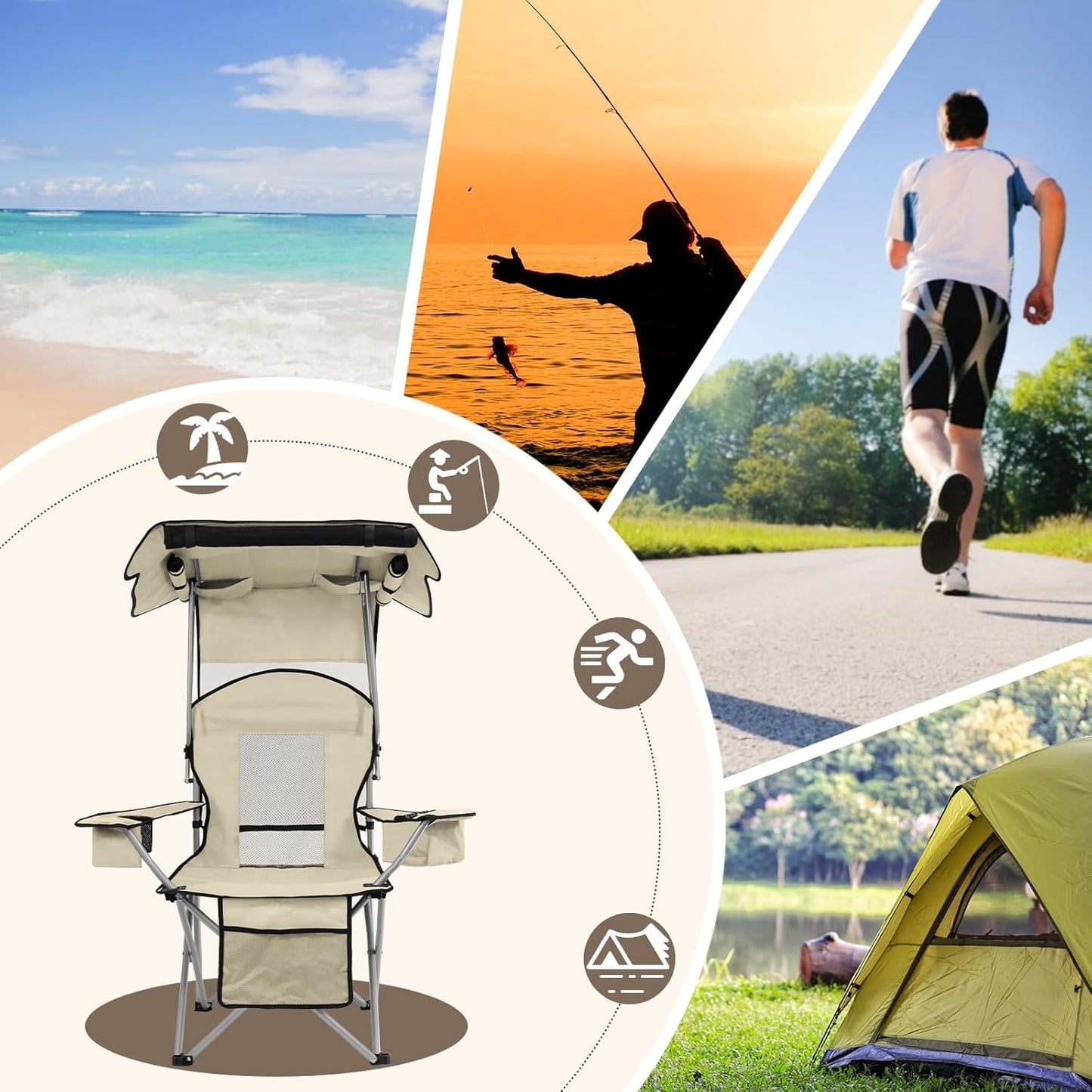 BDL Camping Chair with Canopy Shade Portable Folding Beach Chairs with Cooler, Mesh Backrest, Cup Holder, and Pocket for Camping, Fishing, Beach, and Sports,White