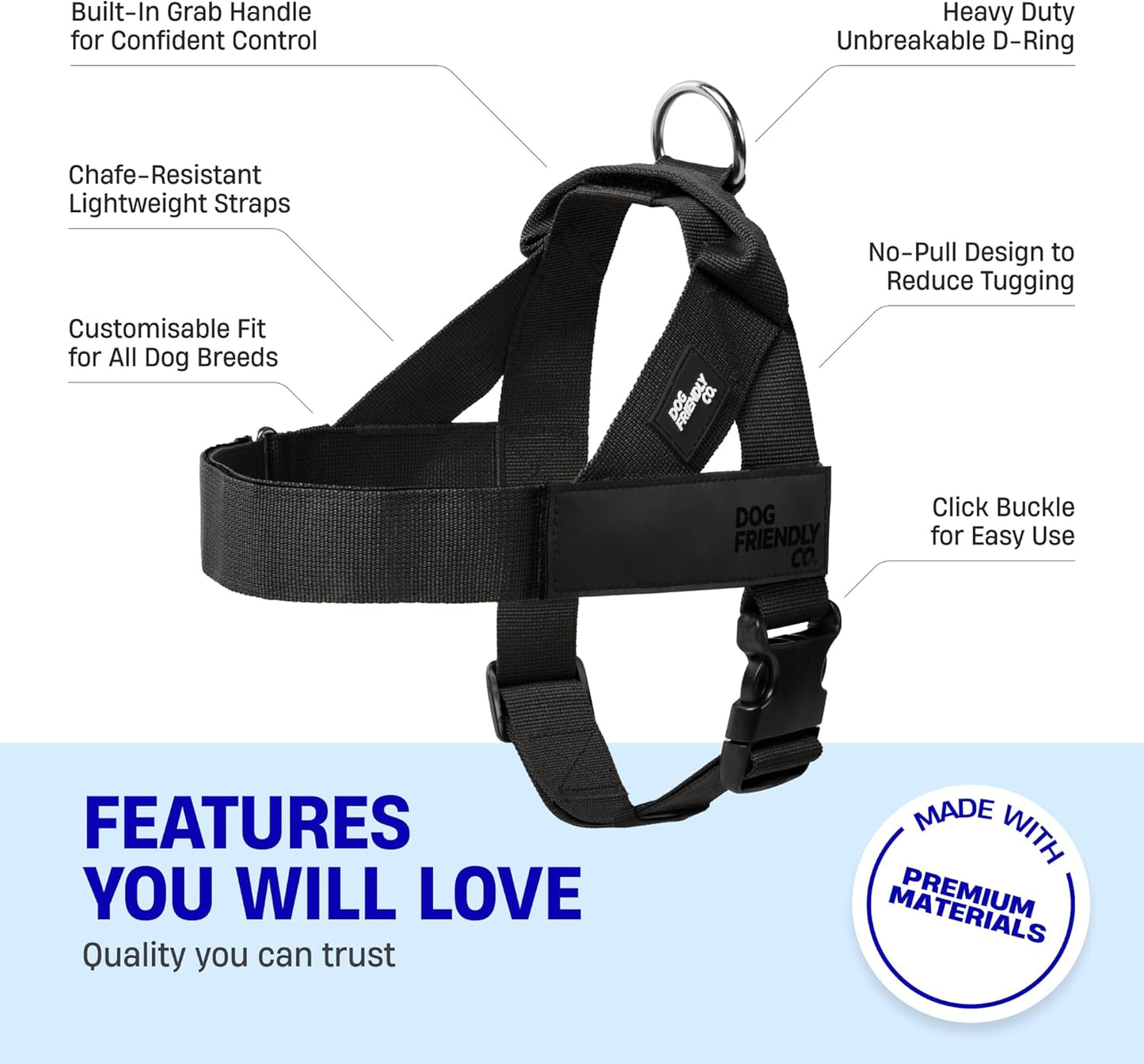 Dog Friendly Co. Dog Harness | Chafe Resistant Webbing, Adjustable Neck & Chest, and Heavy Duty D-Ring | Sturdy, Comfortable, Easy to Use