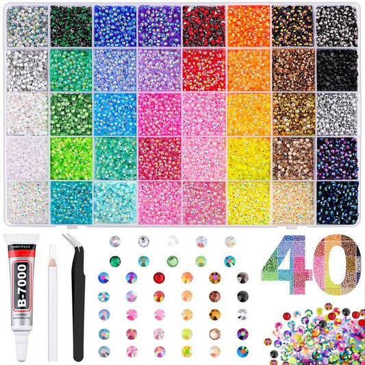 40000Pcs 40 Colors Jelly Rhinestones for Bedazzling, 3mm Multicolor Resin Flatback Gems for Diamond Art, Bedazzler Kit with 3Pcs 10ml B7000 Jewelry Glue for Crafting Book Shoes Nail Art